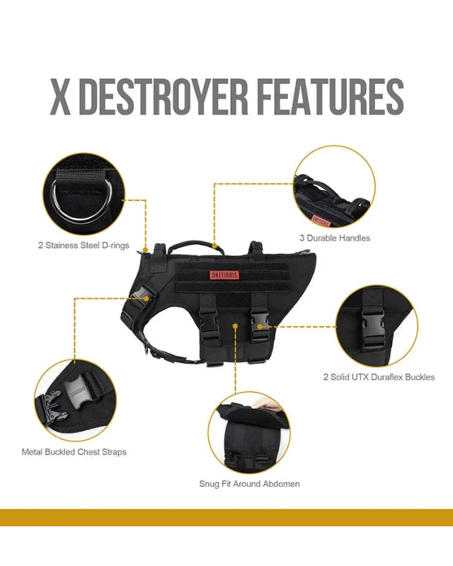 OneTigris X DESTROYER K9 Tactical Harness – Επαγγελματικό Σαμαράκι Σκύλου με 3 Χειρολαβές & Μεταλλικά Κουμπώματα